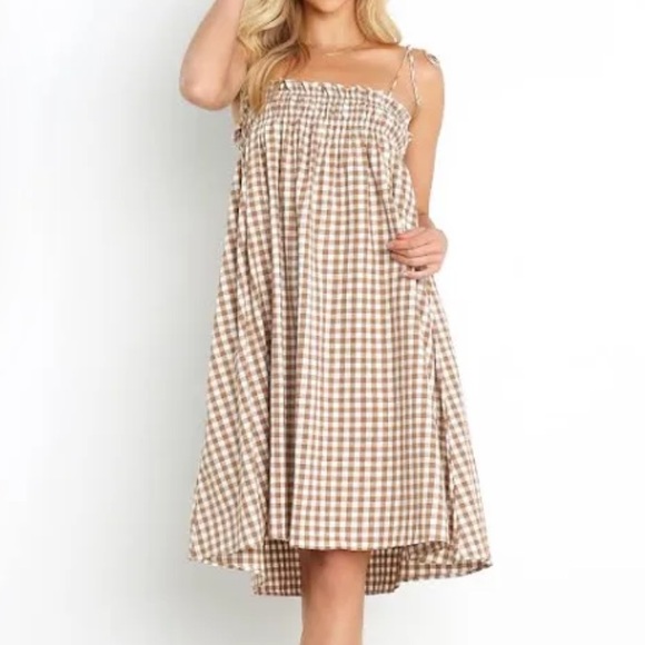 Petal & Pup Dresses & Skirts - Smocked Gingham Tie-Strap Midi Dress - Beige/Tan